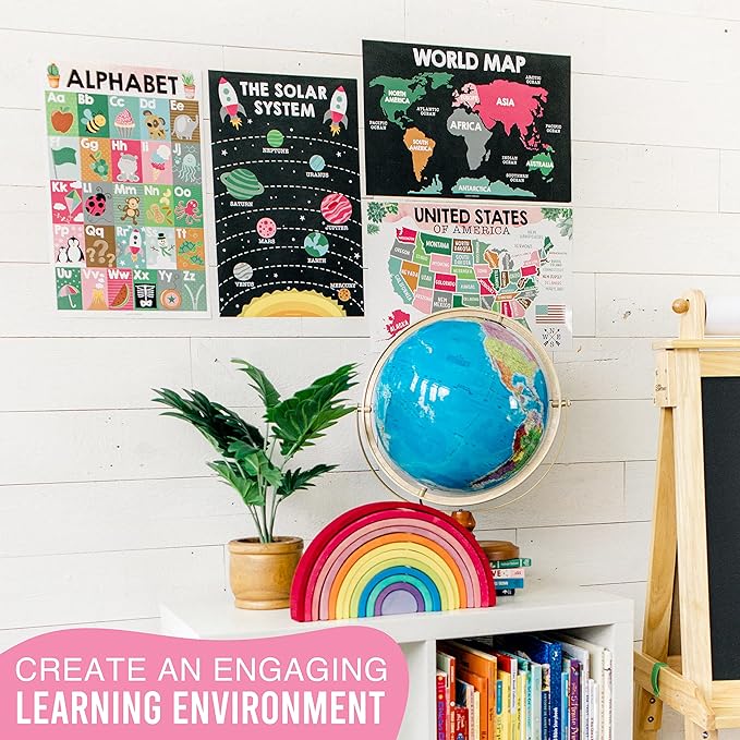 Hadley Designs 4 Alphabet, Map of United States, World Map, & Solar System Posters - Laminated ABC Charts for Toddlers Wall Decor, Cactus Posters for Kindergarten, Prek Classroom or Homeschool 11x17