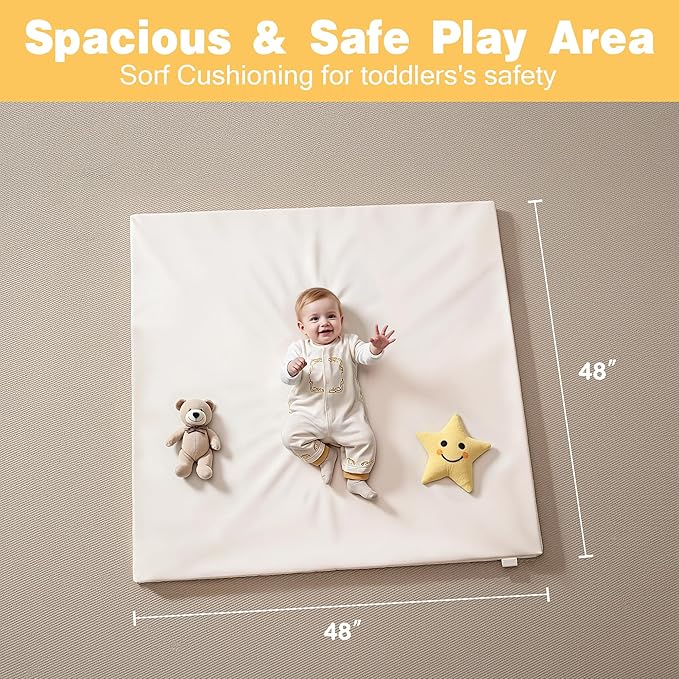 Padded 48" ×48" Baby Play Mat for Floor, 1.2" Thick Memory Foam Playmat with Soft Vegan Leather Cover, Cushioned Play Mat for 50" x50" Playpens, Beige