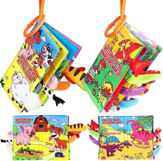 Vanmor 2 Pack Baby Cloth Books, High Contrast Sensory Crinkle Toys for 0-6 Months Infants, Soft Tummy Time Travel Essentials, for Boys, Christmas Stocking Stuffers for Newborn