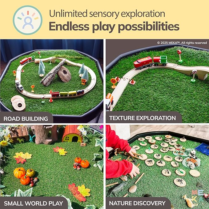 MEKA Large (38"x38") Tuff Tray Black with Artificial Grass Insert Play Mat Bundle, Activity Sensory Tray Plus Stand Children, Outdoor Play Sand and Water Table for Toddlers and Kids, Toy Boys Girls