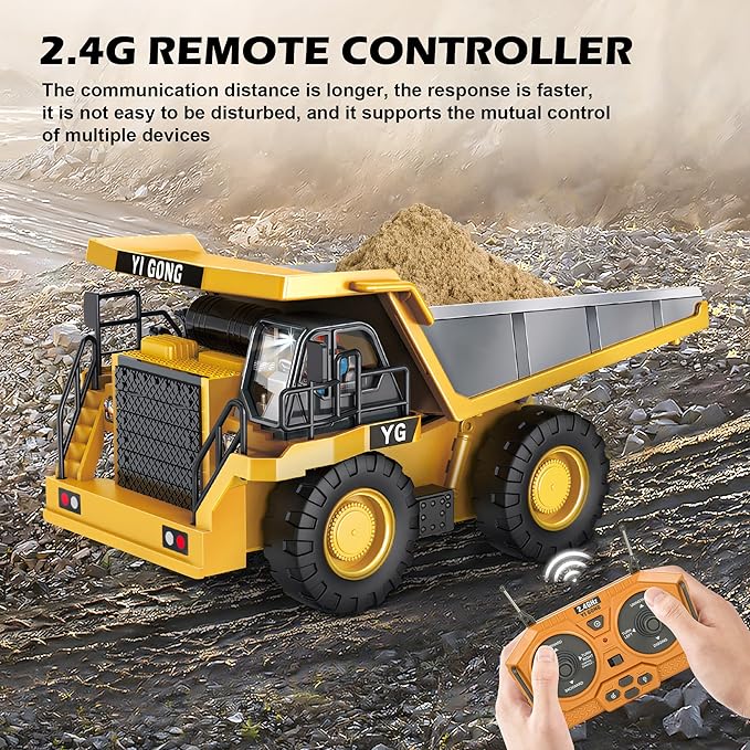 Remote Control Dump Truck Toy for Kids, 9 Channel RC Construction Vehicle Toys with Metal Bed and Light/Music, Birthday Gifts Ideas for Boys Age 6 7 8 9 10 Year Old and up