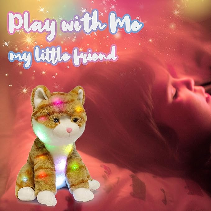 Hopearl LED Plush Kitty Lighting Up Stuffed Animal Cat Floppy Kitten Night Lights Glow in The Dark Birthday Festival for Kids Toddler Girls, Orange, 12.5''