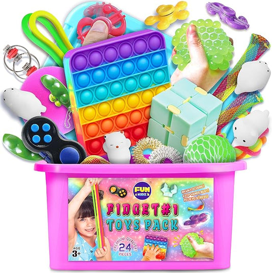 Fidget Box for Girls Boys, FunKidz Mystery Sensory Fidget Pack Toys for Stress Relief Kids Party Favors Gift Classroom Prizes Travel Camping with Portable Case