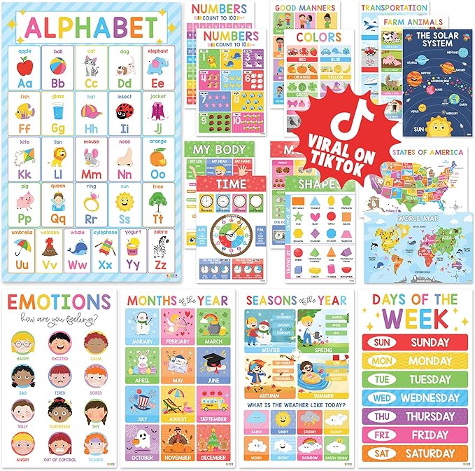 BEAWART 18 Laminated Educational Posters For Toddlers, Preschool Posters for Classroom, Kindergarten Wall Decor, PreK Learning Materials Alphabet Number Chart