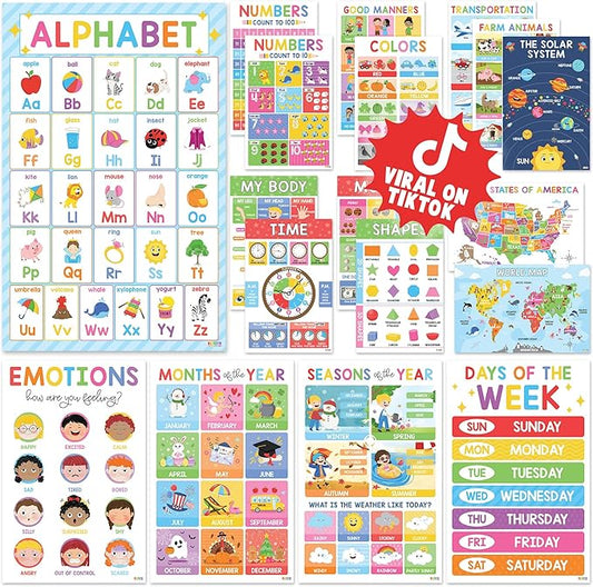 BEAWART 18 Laminated Educational Posters For Toddlers, Preschool Posters for Classroom, Kindergarten Wall Decor, PreK Learning Materials Alphabet Number Chart