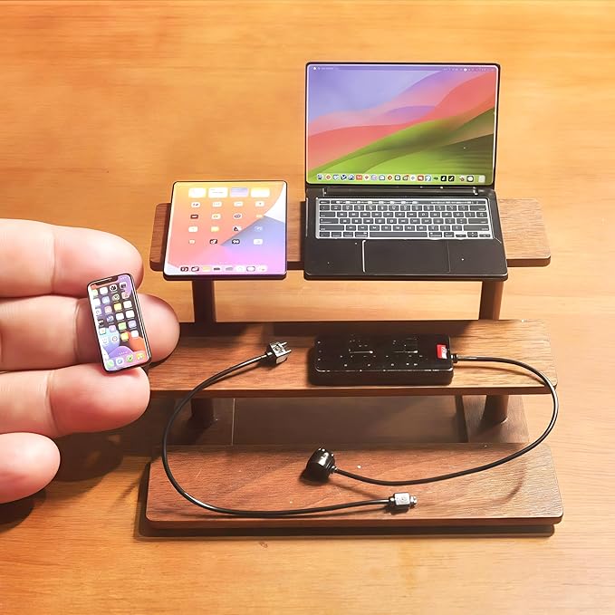 Miniature Electronics Set for Dollhouses: 1:6 Scale Metal Smartphone, Tablet, Laptop & Socket - Doll Accessory Compatible with 1:12 Scale Miniatures - 5 Color Variants (Black)