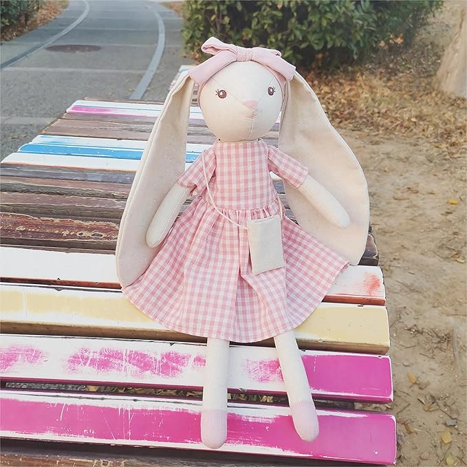 15" Bunny Stuffed Animal for Girls, Plush Toy Doll -Wearing Pink Plaid Dress,Cute Doll Set Dress Up for 3 4 5 Year Old Girl - Gift for Little Girl, Birthday, Easter,Christmas…
