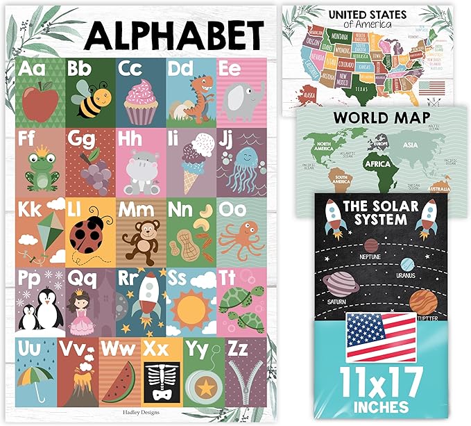 4 Alphabet, Map of United States, World Map, & Solar System Posters - Laminated ABC Charts for Toddlers Wall Decor, Farmhouse Posters for Kindergarten, Prek Classroom or Homeschool 11x17