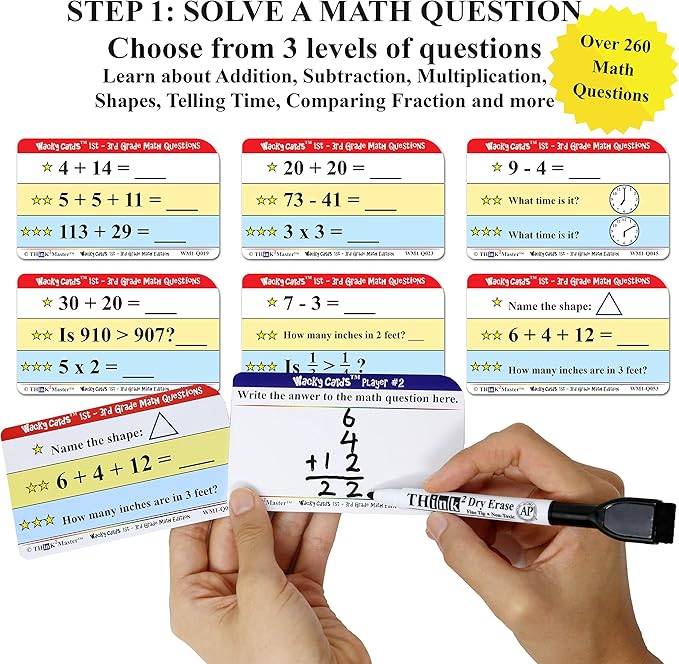 Think2Master Wacky Cards 1st - 3rd Grade. Math Card Game for Families & Classroom. Make Hilarious Sentences While Practicing Math Including Addition, Subtraction & Multiplication. +4 Dry Erase Markers