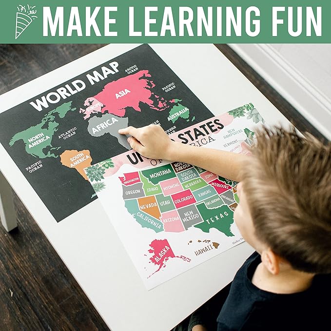 Hadley Designs 4 Alphabet, Map of United States, World Map, & Solar System Posters - Laminated ABC Charts for Toddlers Wall Decor, Cactus Posters for Kindergarten, Prek Classroom or Homeschool 11x17