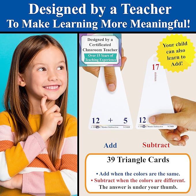Think2Master Subtraction Flash Cards. Learn to Add & Subtract by Counting, Writing, Understanding & Memorizing. 260 Laminated Cards, 39 Triangle Cards, 2 Dry Erase Markers, 5 Rings & 30 Counters
