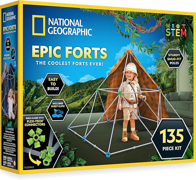 NATIONAL GEOGRAPHIC Kids Fort Building Kit - 135-Piece Indoor Fort Builder, Creative Play, STEM Building Toys for Kids Ages 6 7 8 9 10 11 12, Blanket Fort (Amazon Exclusive)