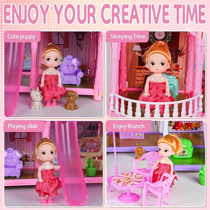 Doll House for Girls,10 Rooms Purple House Toy with Doll Figures, Puppies,Lights, Furnitures, Accessories, Kids Playhouse Gift for for 3 4 5 6 7 8 9 10 Year Old