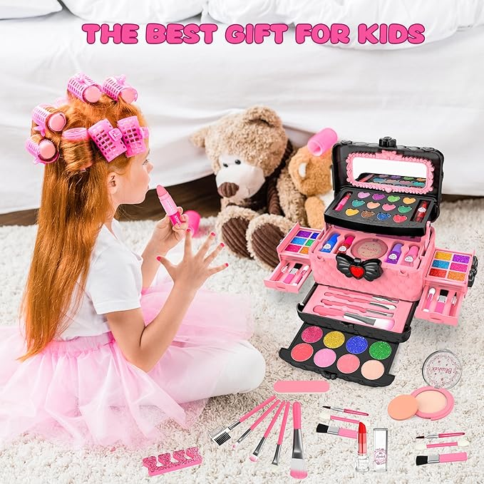 54 Pcs Kids Makeup Kit for Girls, Princess Real Washable Pretend Play Cosmetic Set Toys with Mirror, Birthday Gifts for 3 4 5 6 7 8 9 10 Years Old Girls Kids (Pink)