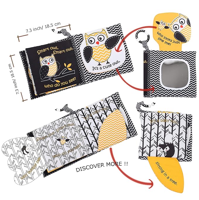 Touch and Feel Cloth Crinkle Books for Babies Infant, Baby Books Toys 0-3-6-12 Months, Christmas Shower Baby Gifts, High Contrast Toys,Teething Teethers, Tummy Time Mirror Toys for Boys and Girls-Owl