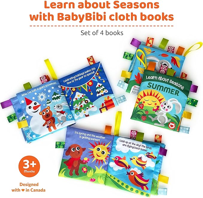 BabyBibi Cloth Books for Babies - Learn About Seasons, Playful Illustrations, Crinkle Pages & Cute Characters - for Babies 24 Months Old(Set of 4)