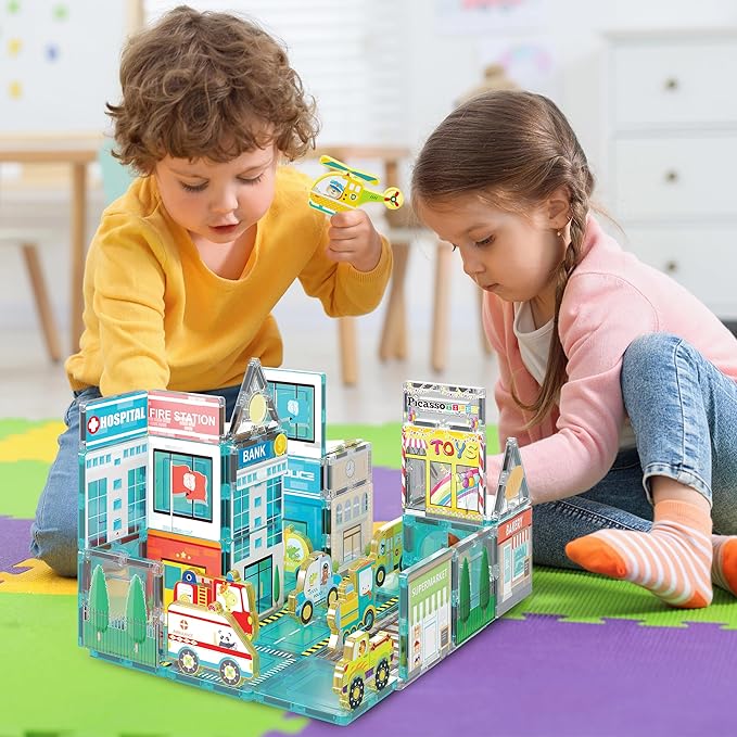 PicassoTiles Metro City Hospital Magnetic Tile Building Set with 8 Vehicles and Figures Educational Magnet Blocks Construction for Kids Age 3 Plus STEM Role Play Town Imagination Learning Toy PTQ14