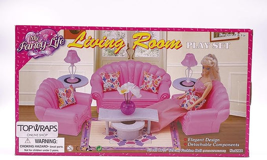 YMCtoys My Fancy Life - Miniature Dollhouse Living Room Furniture Set, Pink Plush Sofa and Table Playset with Decorative Accessories