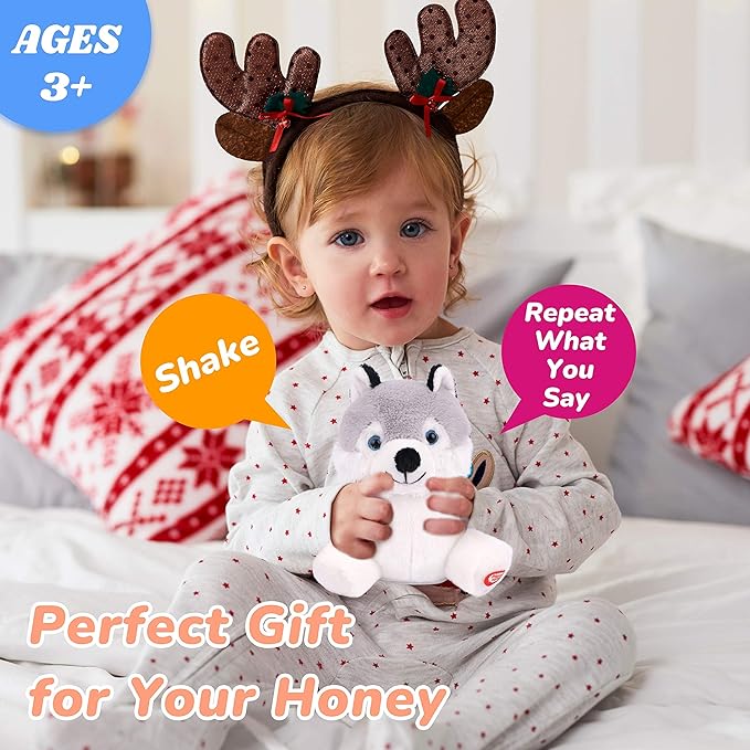Hopearl Talking Husky Repeats What You Say Shaking Head Electric Interactive Animated Toy Speaking Plush Buddy Birthday Festival for Toddlers, 7.5''