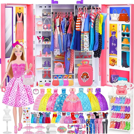 Closet Playset With 342 Pcs Clothes and Accessories, Princess Dresses, Tops, Pants, Swimsuits, Wardrobe, Shoes, Hangers and Other Accessories, Dress Up Toys for Girls Toddlers Gift