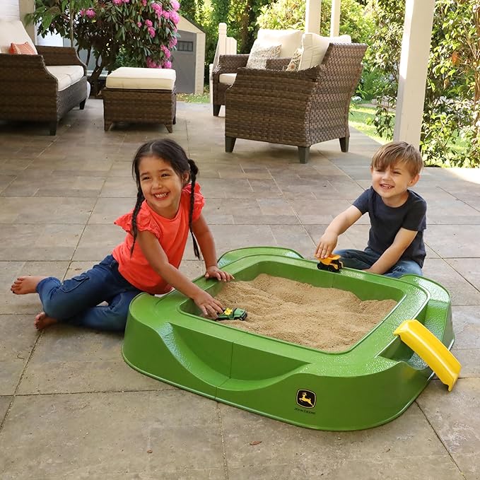John Deere Sandbox Playset with Protective Cover, Includes 5 Realistic Trucks & Tractors, Perfect Outdoor Sand Toy for Kids, Imaginative Play & Active Backyard Fun
