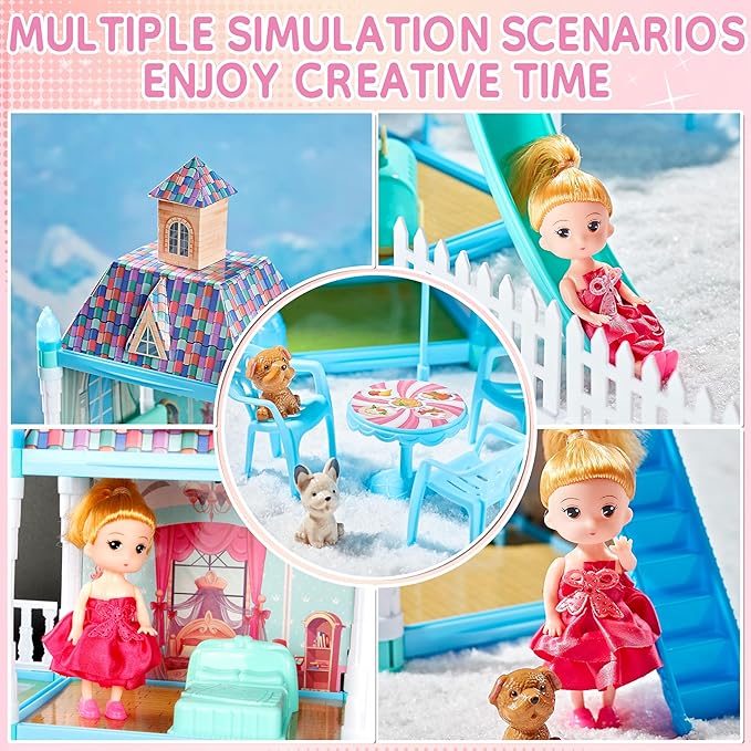 OCRETIC Doll House for Girls,13 Rooms Dollhouse with 2 Dolls, Lights, Figure, Puppies,Furnitures, Accessories, Toddler Playhouse Gift for for 3 4 5 6 7 8 9 10 Year Old Girls Toys (Blue)