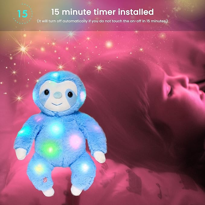 Hopearl LED Plush Three Toed Sloth Lighting Up Stuffed Animal Sloth Floppy Night Lights Glow in The Dark Birthday Festival for Kids Toddlers, Blue, 12.5''