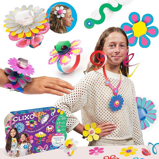 Clixo Sparkle Pack – 34-Piece Magnetic Building Set with Holographic Patterns | Create Necklaces, Bracelets & Headpieces | Flexible STEAM Toy for Kids Ages 6+