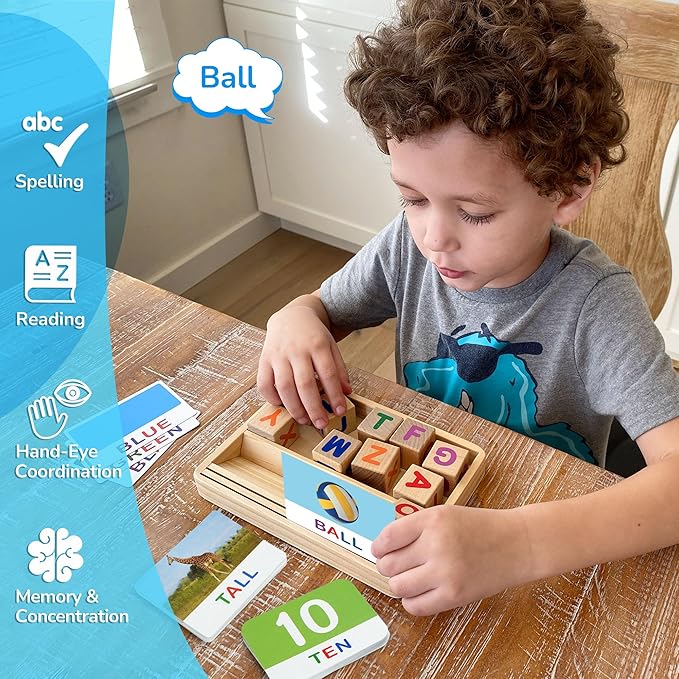 BenBen Spelling Games with Flash Cards, 112 Words, Montessori Toys for 3 4 5 6 Years Old Kids, Wooden Matching Letters Games, CVC Word Educational Learning Toys, Gift for Preschool Kindergarten