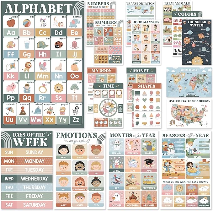 Educational Posters for Preschoolers - Laminated Pre-K and Kindergarten Learning Poster Charts for Toddlers 1-3-5 - Homeschool and Classroom Decor for Kids' Walls (18 Modern Boho Educational Posters)