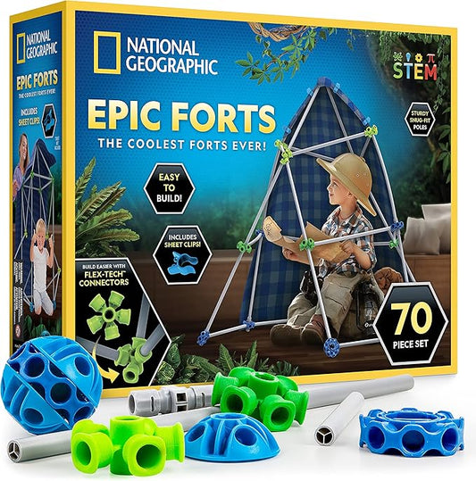 NATIONAL GEOGRAPHIC Kids Fort Building Kit - 70-Piece Indoor Fort Builder - Creative Play, STEM Building Toy, Building Kit for Kids 6-10, Blanket Fort Kit