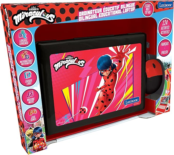 LEXiBOOK Miraculous - Educational and Bilingual Laptop English/Spanish - Toy for Child Kid (Boys & Girls) 124 Activities, Learn Play Games and Music with Ladybug - Red/Black JC598MIi2