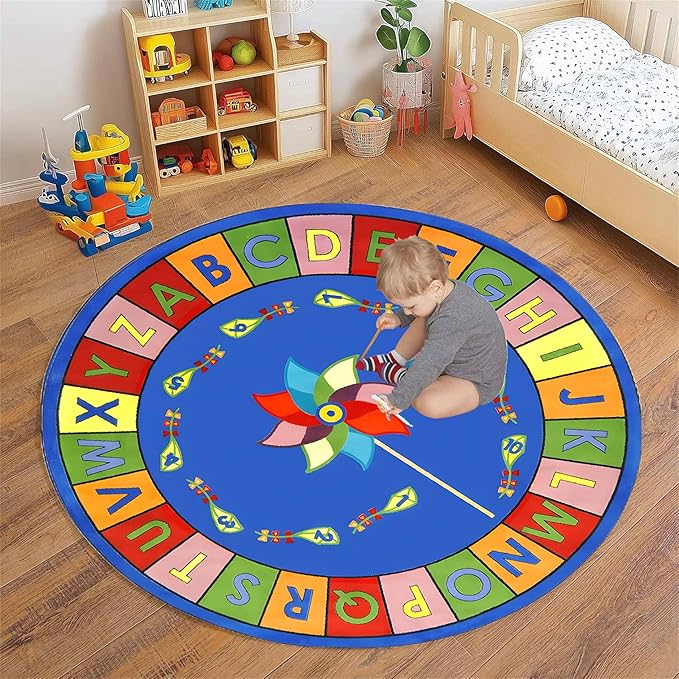 Round Kids Area Rug,7ft,ABC Letters and Numbers Early Learning Rug, Colorful Windmill Kite Design Non-Slip Rug for Classroom Playroom, Boys Girls Bedroom Decoration
