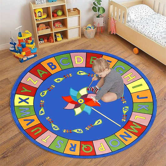 Round Kids Area Rug,4ft,ABC Letters and Numbers Early Learning Rug, Colorful Windmill Kite Design Non-Slip Rug for Classroom Playroom, Boys Girls Bedroom Decoration