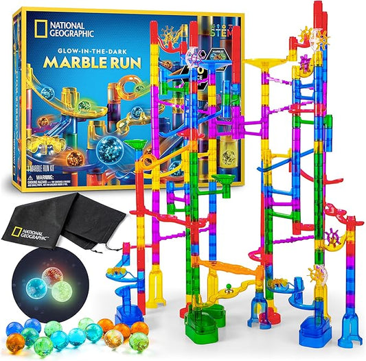 NATIONAL GEOGRAPHIC Glowing Marble Run – 150 Piece Construction Set with 30 Glow in The Dark Glass Marbles & Storage Bag, STEM Gifts for Boys and Girls, Building Project Toy (Amazon Exclusive)