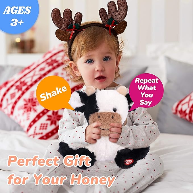 Hopearl Talking Cow Repeats What You Say Shaking Head Electric Interactive Animated Toy Speaking Plush Buddy Birthday Festival for Toddlers, 7''