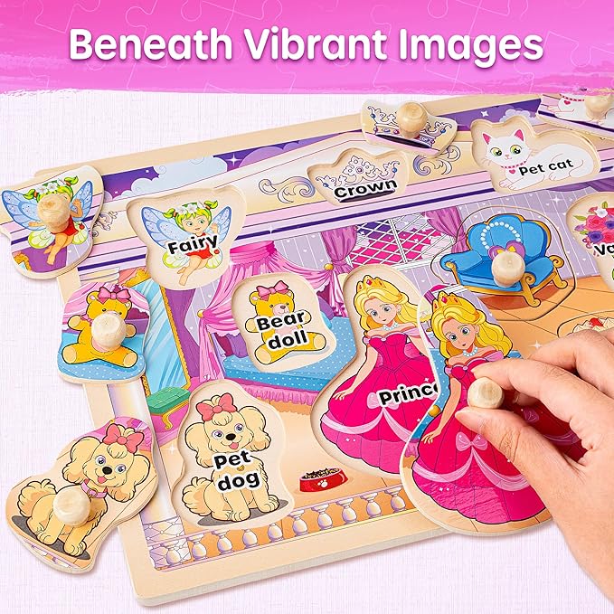 SYNARRY Wooden Puzzles for Toddlers 1-3, 6XSET Toddlers Puzzles Ages 1-3 with Rack, Learning Alphabet Number Shape Unicorn Princess Mermaid Animal, Christmas Toys Gifts for 1 2 3 Years Old Girl Gifts