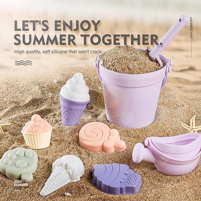MarcZero 17Pcs Silicone Beach Toys,Modern Baby Beach Toys,Travel Friendly Beach Set,Silicone Bucket, Watering Can, Shovel, 12 Sand Molds, Beach Bag,Silicone Sand Toys for Toddlers, Kids (Purple)