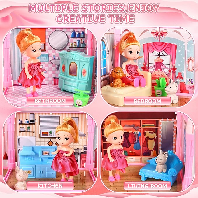 13 Rooms Doll House for Girls, DIY Play House Toys with Dolls Figure, Puppies,Furnitures, Glow-in-The-Dark Accessories, LED Light, Kids Doll House Gift Toy for Kids Ages 3 4 5 6 7 8+