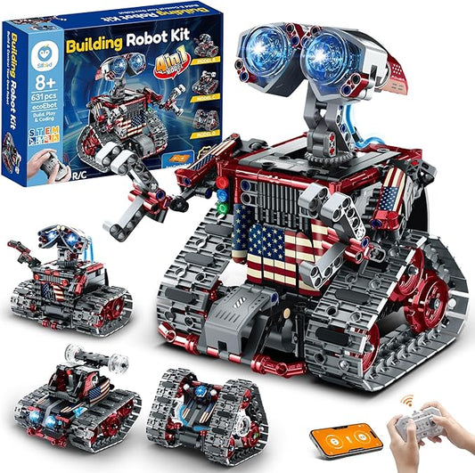 Sillbird Robot Building Kit with Remote Control Gifts for Kids Boys Ages 8-12, Christmas STEM Coding Robotic Technic Tracked Racer Car Toys for Birthday - Build 4in1 Model with 631 Pieces