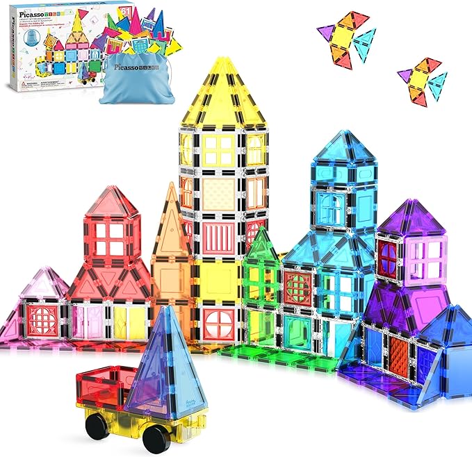 PicassoTiles Magnetic Tiles Toddler Toys Magnetic Building Blocks for Kids 61 Piece STEM Educational Toys for Girls & Boys Ages 3-12 Play for Preschool Learning Stocking Stuffer