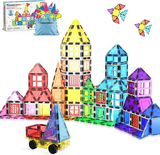 PicassoTiles Magnetic Tiles Toddler Toys Magnetic Building Blocks for Kids 61 Piece STEM Educational Toys for Girls & Boys Ages 3-12 Play for Preschool Learning Stocking Stuffer