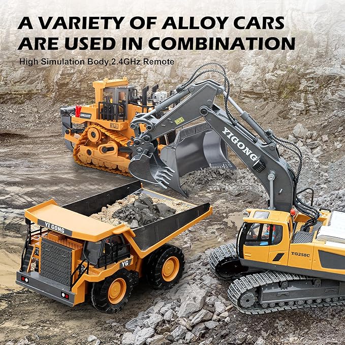 Remote Control Dump Truck Toy for Kids, 9 Channel RC Construction Vehicle Toys with Metal Bed and Light/Music, Birthday Gifts Ideas for Boys Age 6 7 8 9 10 Year Old and up