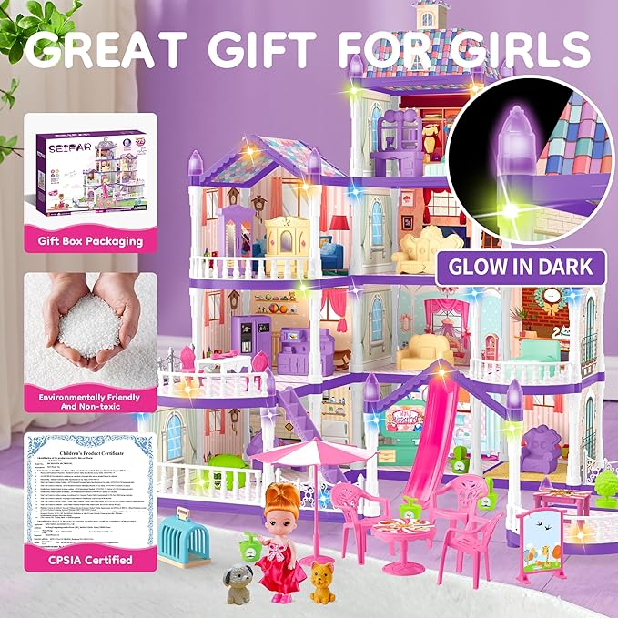 Doll House for Girls,10 Rooms Purple House Toy with Doll Figures, Puppies,Lights, Furnitures, Accessories, Kids Playhouse Gift for for 3 4 5 6 7 8 9 10 Year Old