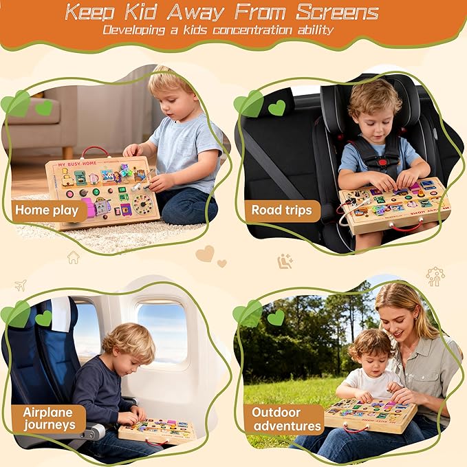 My Busy Home Montessori Busy Board for Toddlers 1-3, Wooden Sensory Activity Board with Switches, Lights, Clock, Kitchen Appliances Toys, Educational Busy Board for 1+ Year Old Boys Girls