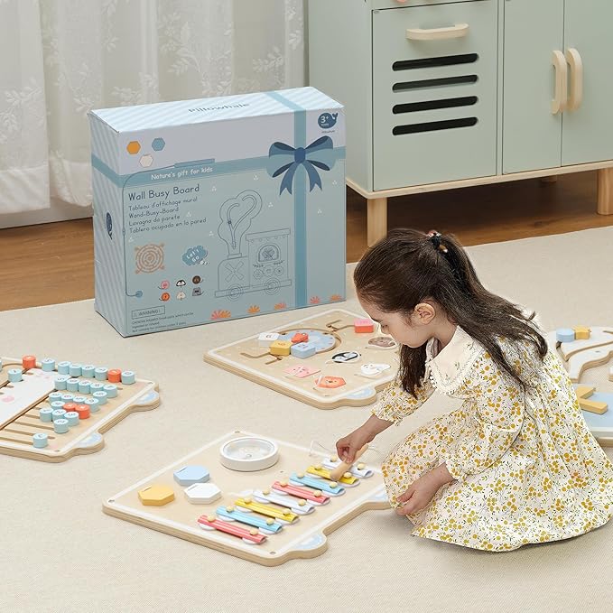 Train Activity Wall Busy Board, Wooden Montessori Sensory Toys, 12-in-1 Learning Activity Center for Playroom,Daycare, Nursery, Classroom, Educational Toys for Toddler