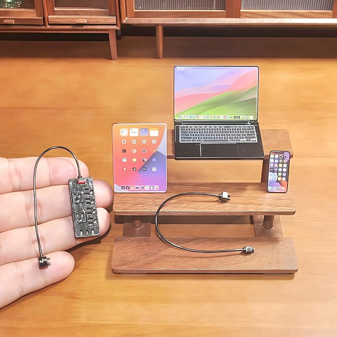 Miniature Electronics Set for Dollhouses: 1:6 Scale Metal Smartphone, Tablet, Laptop & Socket - Doll Accessory Compatible with 1:12 Scale Miniatures - 5 Color Variants (Black)