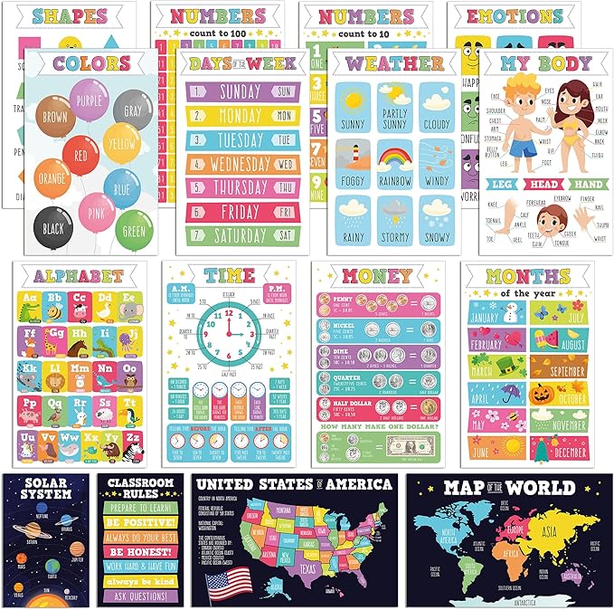 16 Pieces of Educational Posters to Improve Writing in Children, is Laminated, Set of 16 Posters in 2 Languages, Double Size English & Spanish, Works as 32 Posters