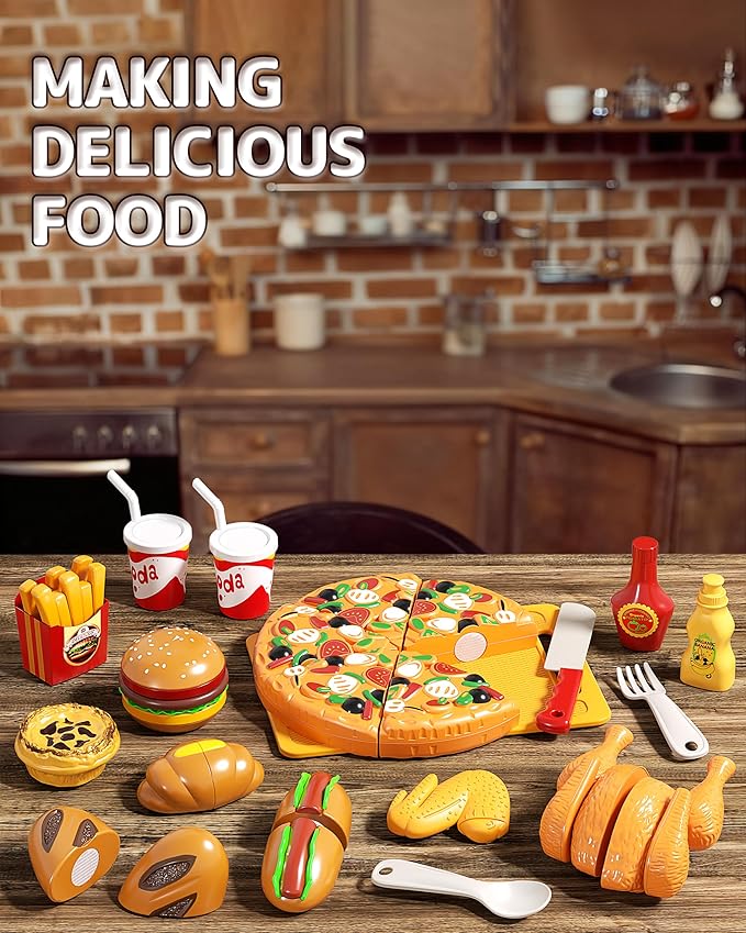 Pretend Play Food for Kids, Cutting Toy Food Set with Picnic Basket, Play Kitchen Accessories, Food Toys with Veggies, Fruits, Pizza Toy for Boys Girls Gift