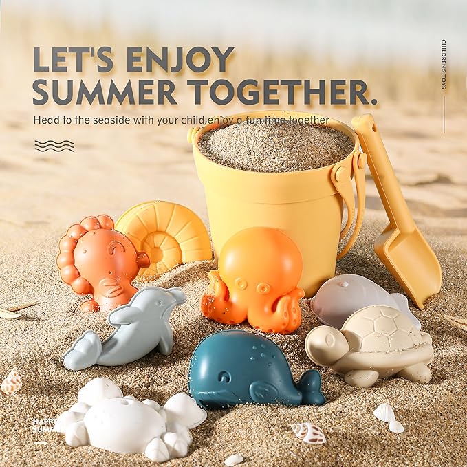 MarcZero 11Pcs Silicone Beach Toys,Modern Baby Beach Toys,Travel Friendly Beach Set,Eco Friendly Toy,Silicone Bucket, Shovel, 8 Sand Molds, Beach Bag,Silicone Sand Toys for Toddlers, Kids (Yellow)